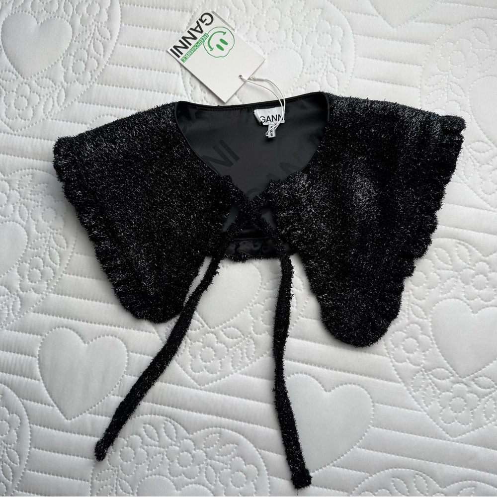 GANNI Black Sparkle Frill Point Ruffle Trim Tie Metallic Knit Collar